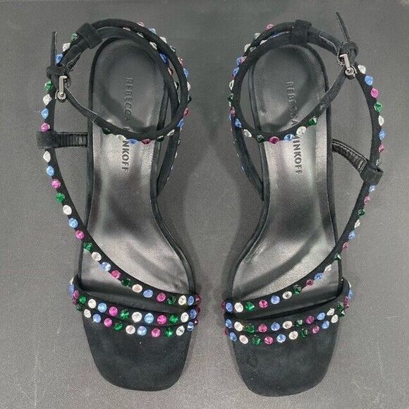 Rebecca Minkoff Black Suede Nanine Rhinestone Strappy Ankle Heel Sandals 7.5 EUC - Picture 2 of 14